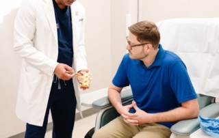 An image of a smiling patient and healthcare provider in a modern clinic setting, emphasizing personalized care and treatment.